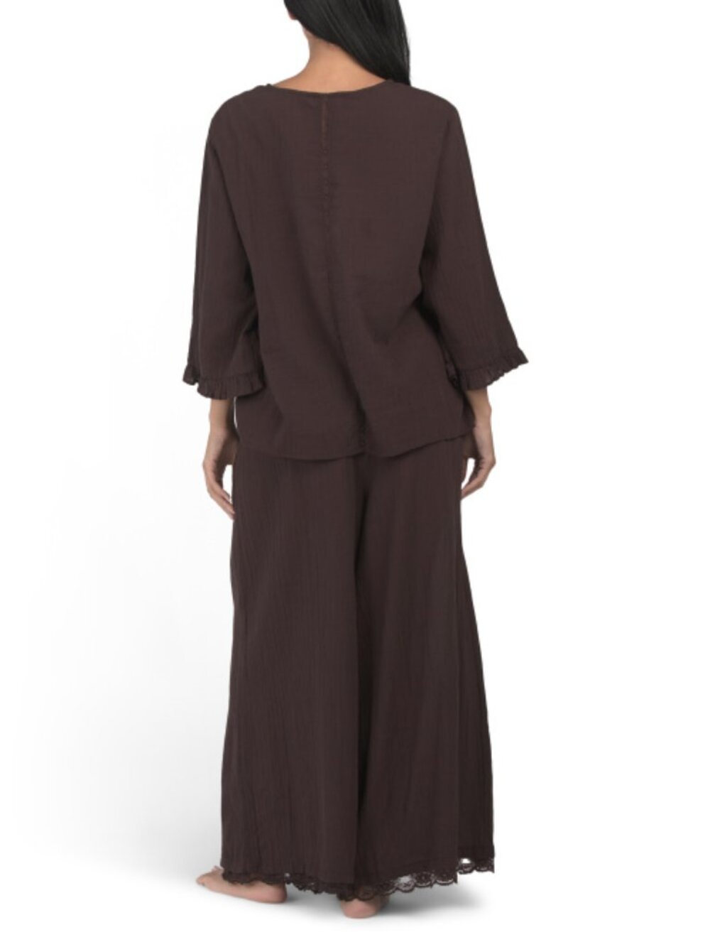 SAATVIK 2pc Gauze Lace Button Down Top And Wide Leg Pants Lounge Set - Picture 2 of 3